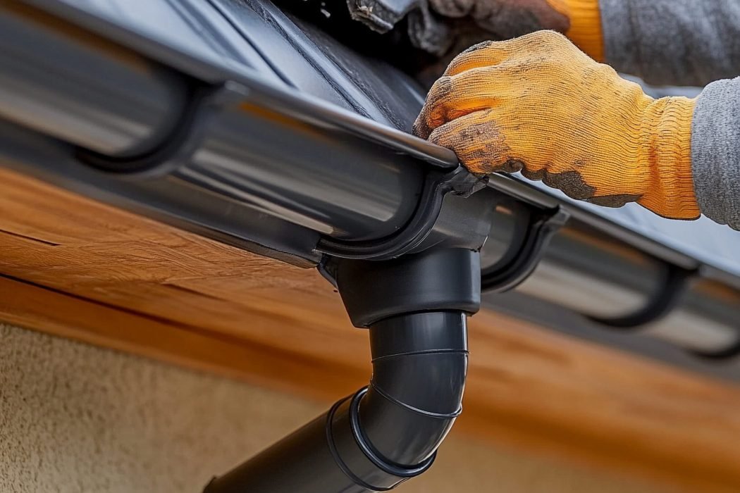 Contractor hands repair, install rain gutter downspout pipe. Rain Chain Drainage. Guttering Down pipe Fittings --v 6.1 Job ID: 06e45b7c-cd7c-4c30-aadb-647249c92150